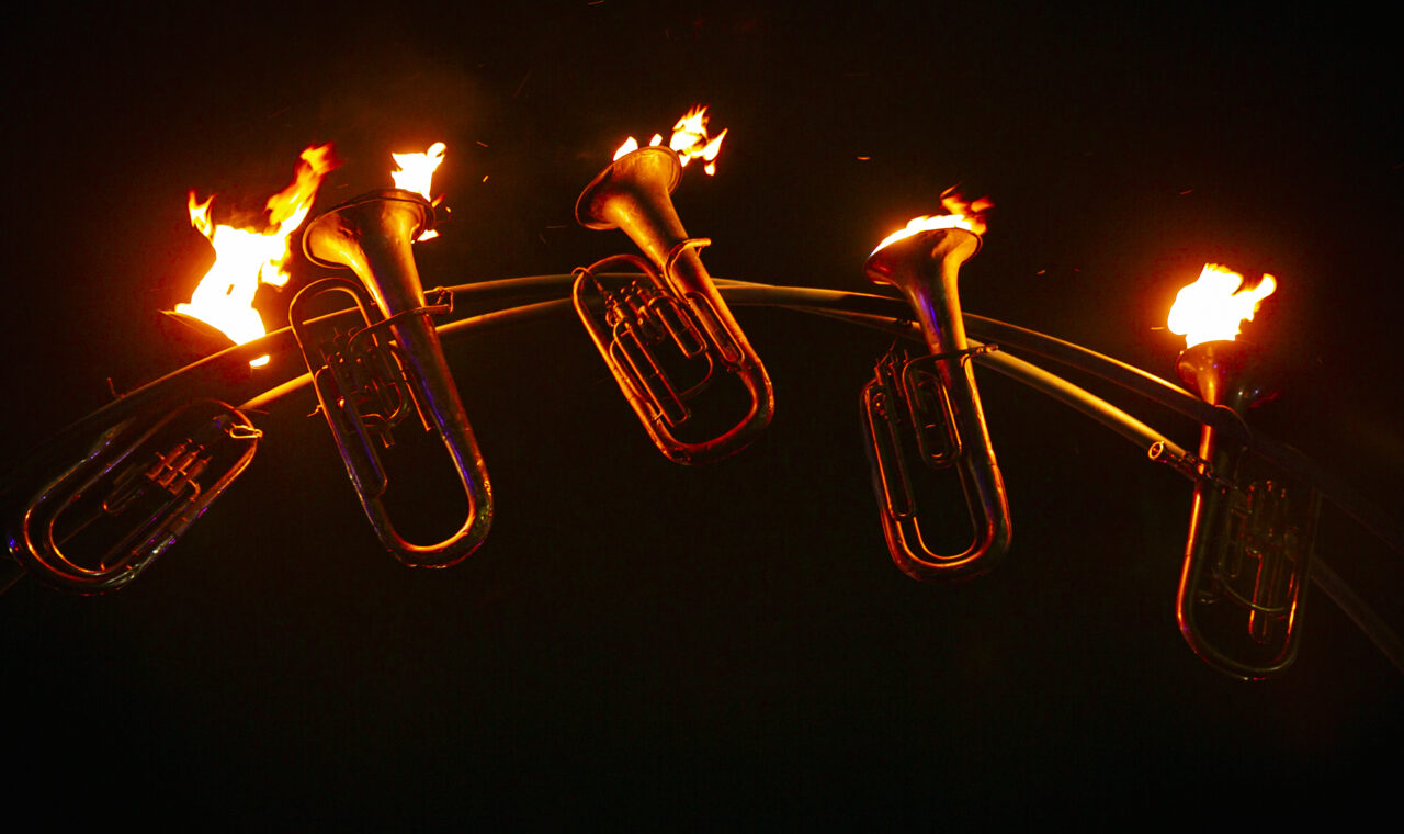 Fire arch made of flaming trumpets