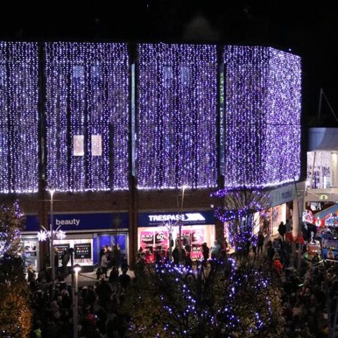A drape of Christmas lights on a building in Great Yarmouth