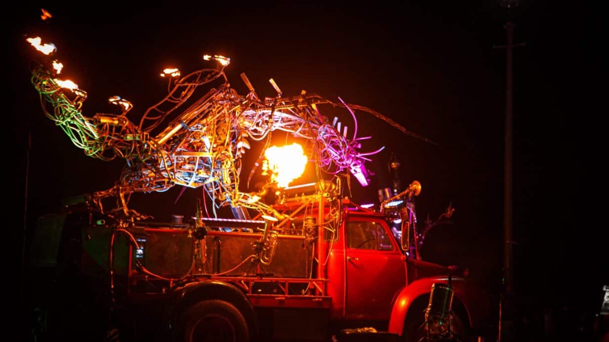 Elsie - a mechanical fire dragon animatronic on the back of a truck