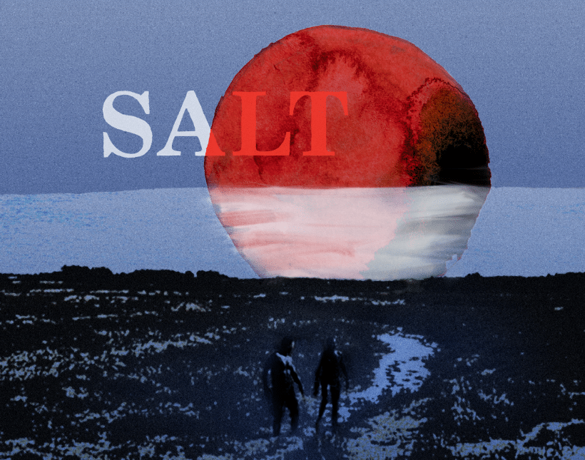 Salt poster art. Two people walk along a road towards a red planet.