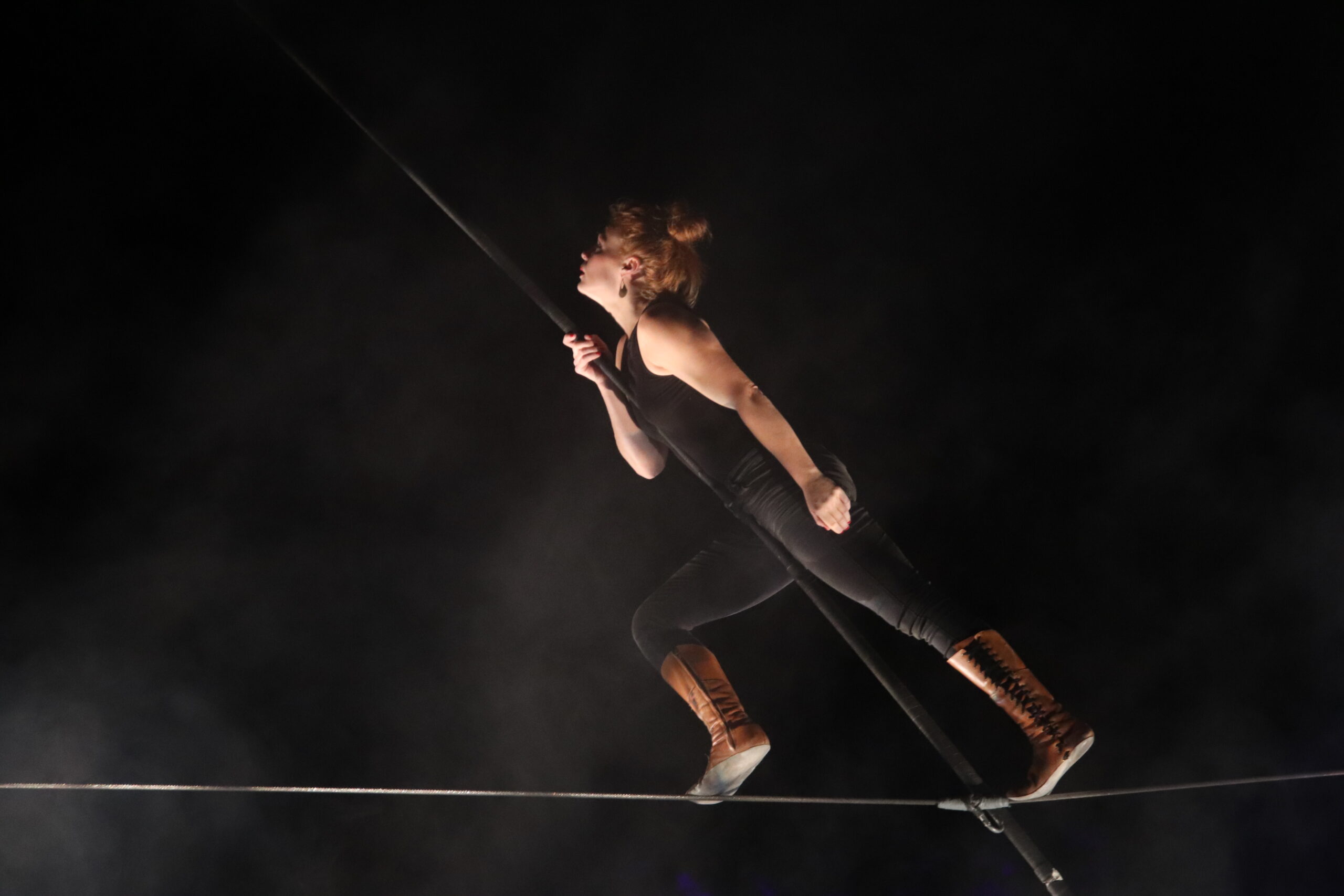 Person performing on a tightwire upside. The scene is dark with a advanced lighting display illuminating the stage. A singer performs underneath the tightwire
