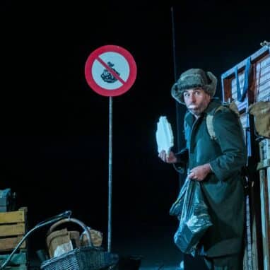 Max Maccarinelli performing their show about a ridiculous antihero homeless person