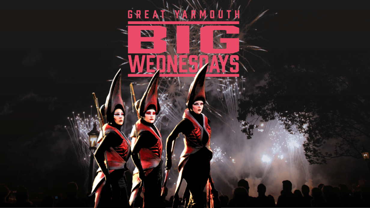 Big Wednesday promotion poster featuring fireworks and puppet performance
