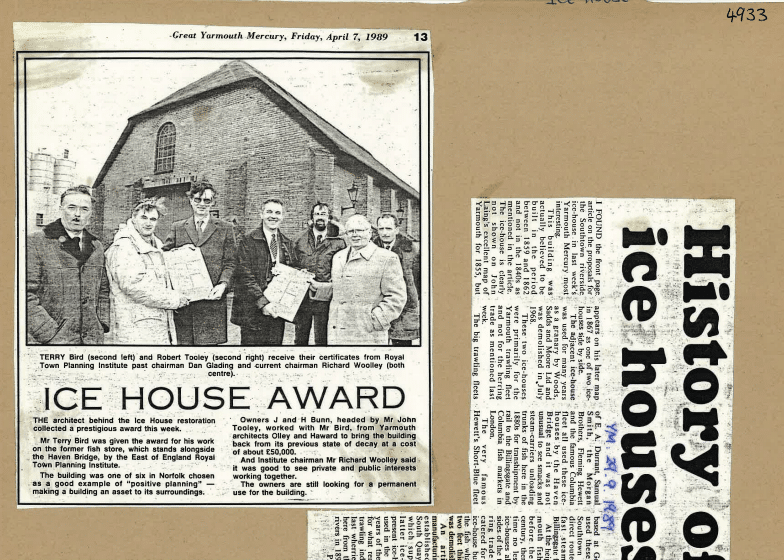 Newspaper clippings of the ice house