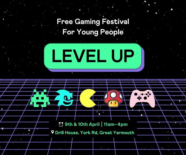 Level up banner, - on a square grid background with gaming character icons
