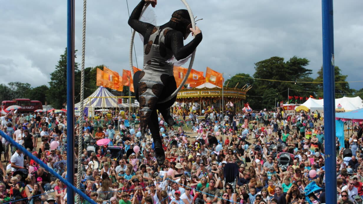 A giant ant sits in an aerial hoop to a large crowd