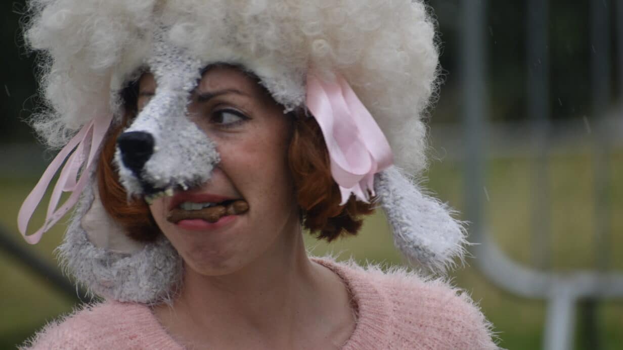 Person in a dog mask like a poodle with dog biscuits in their mouth