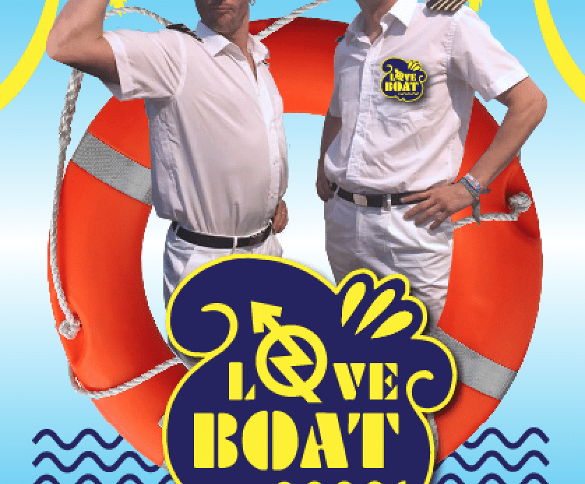 Two sailors with a life bouy in an exotic paradise with the words 