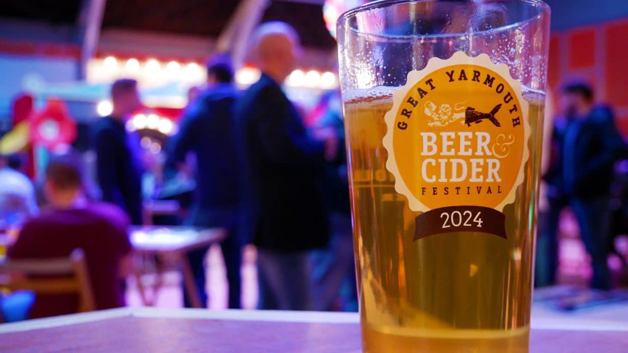 Pint of beer on the the bar with the date Great Yarmouth Beer and Circus Festival 2024