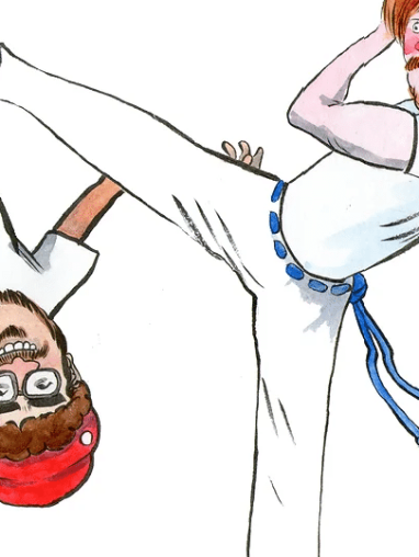 Cartoon of two people doing capoeira