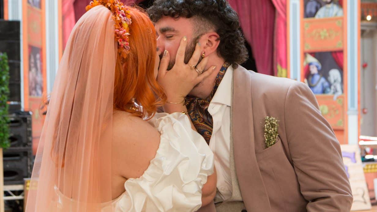 Bride and groom kissing