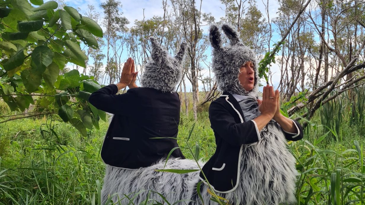 Man and woman dressed as a llama praying