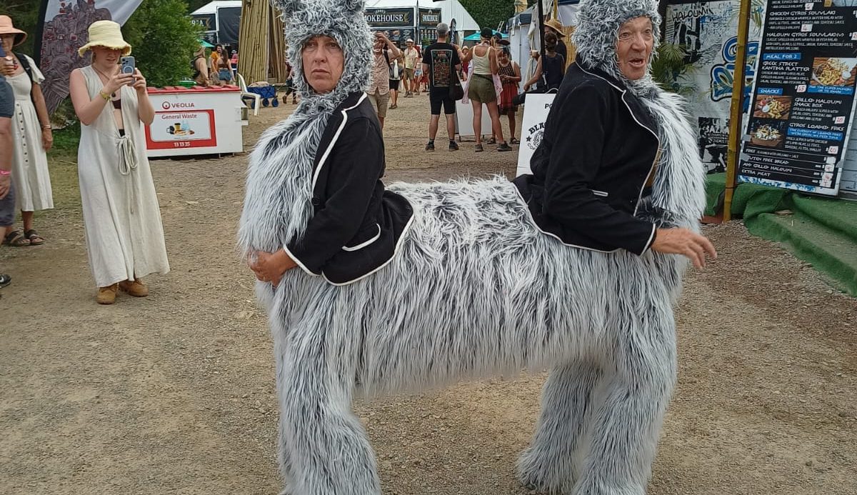 Man and woman in a two headed llama costume