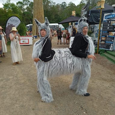 Man and woman in a two headed llama costume